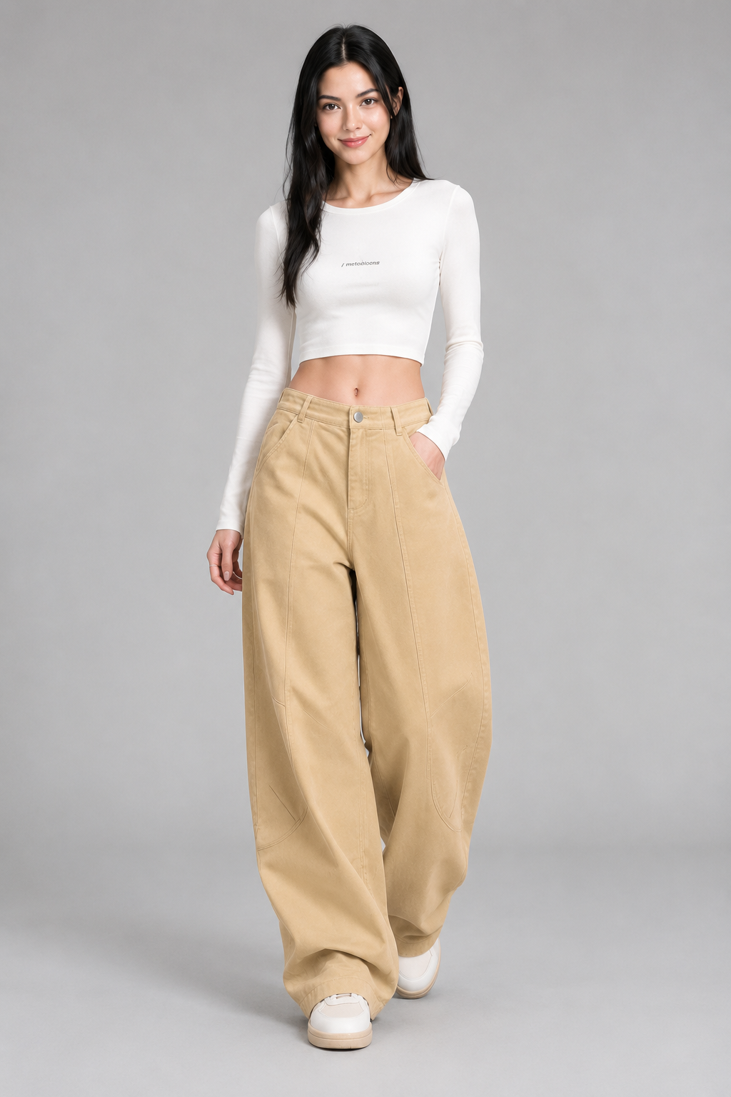 Color: Beige | Damen High-Waist Wide-Leg Hose mit geschwungenen Nähten, photo 8