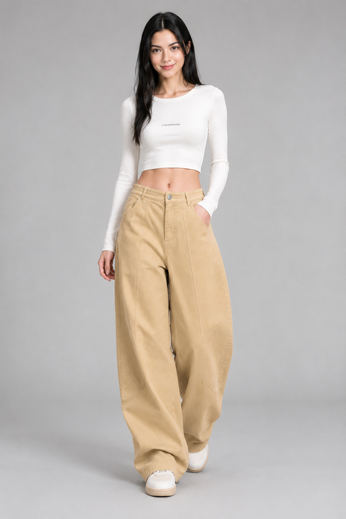 Color: Beige | Damen High-Waist Wide-Leg Hose mit geschwungenen Nähten, photo 8