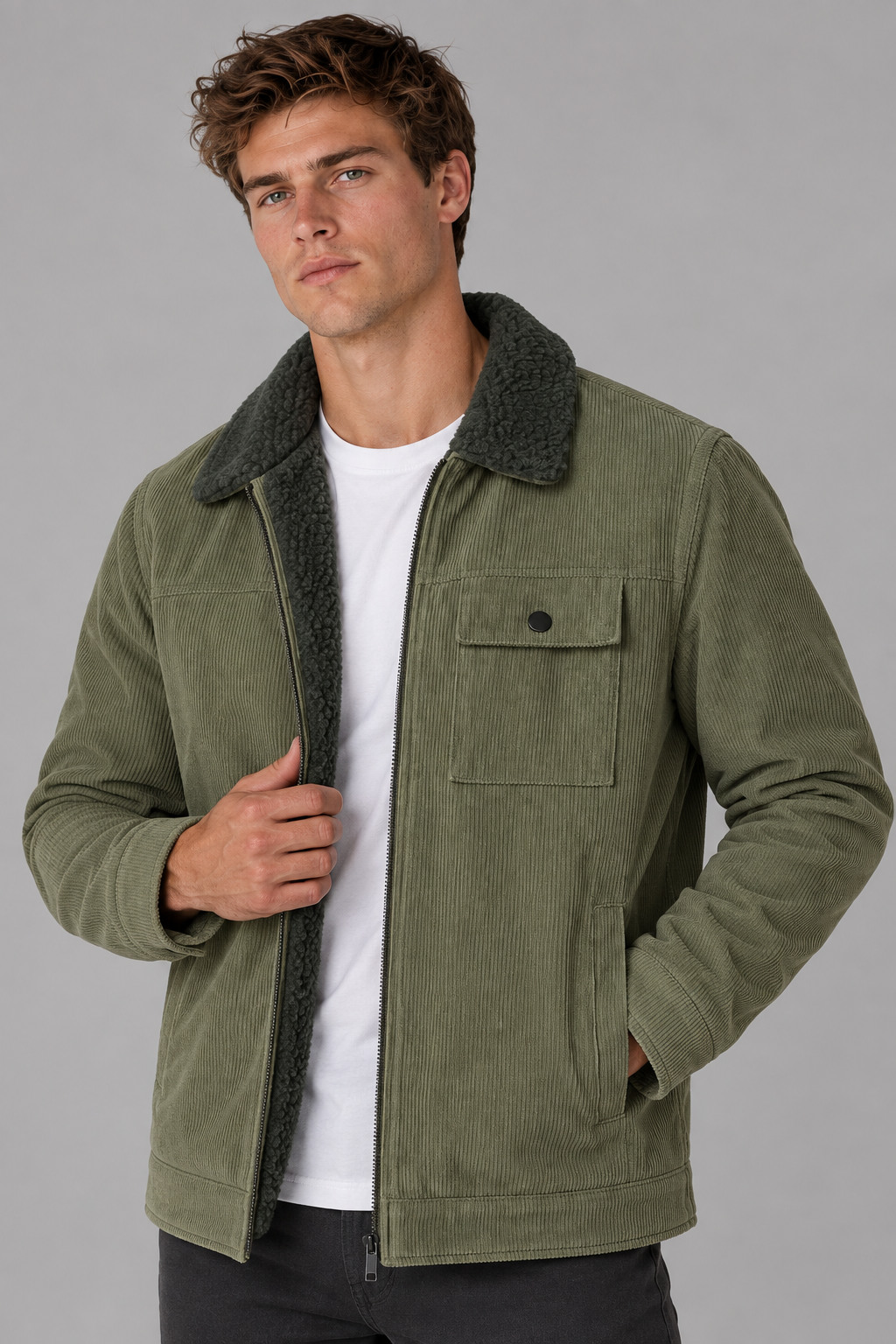 Color: Military Green | Gefütterte Herren Cordjacke mit Teddyfleece – Ansicht 3