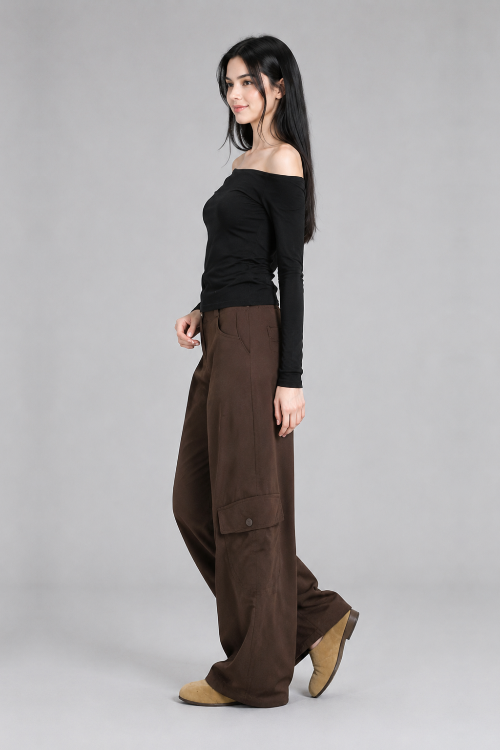 Color: Braun | Damen High-Waist Wide-Leg Cargo-Hose, photo 4