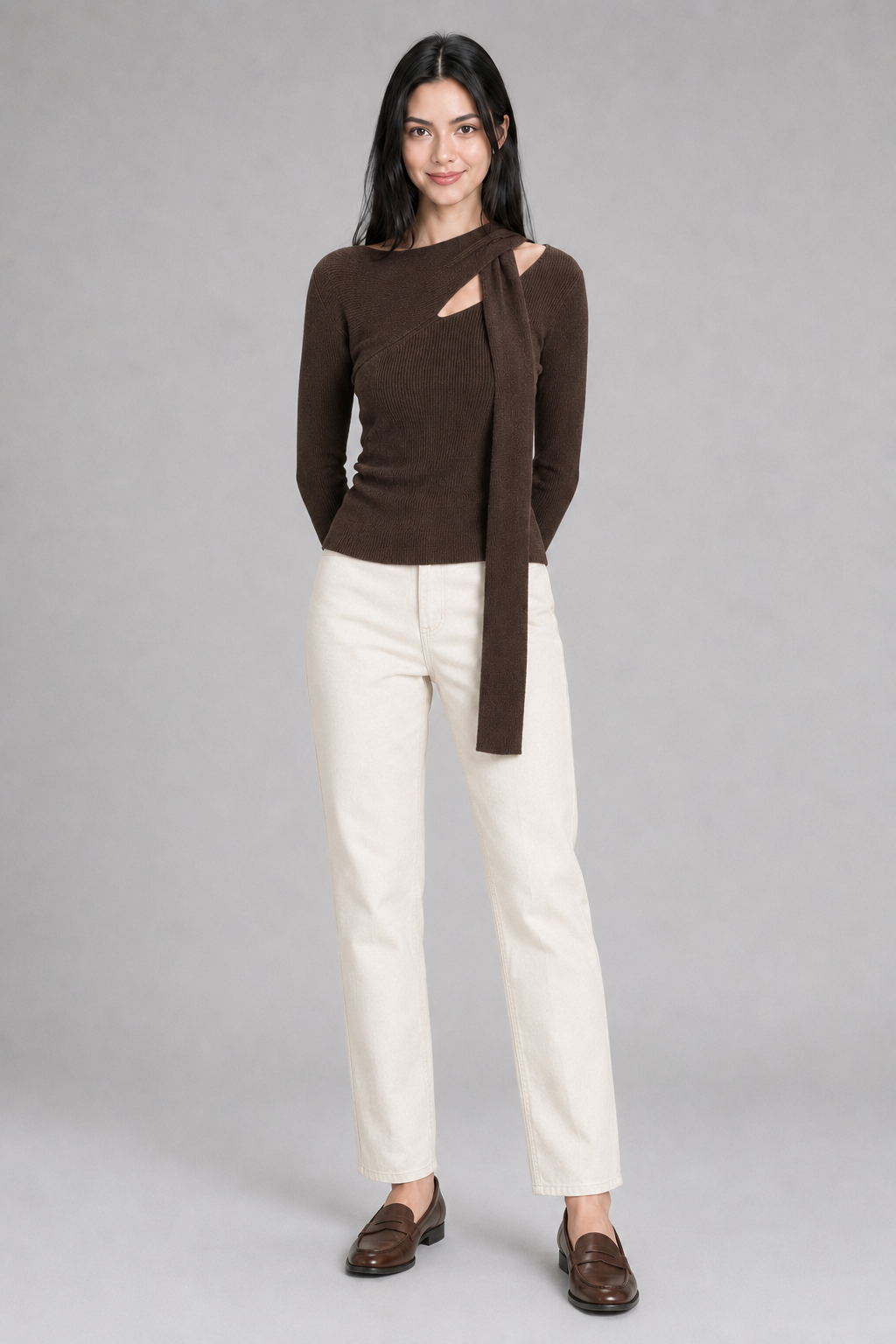 Color: Braun | Tailliertes Stricktop mit asymmetrischem Ausschnitt, photo 6