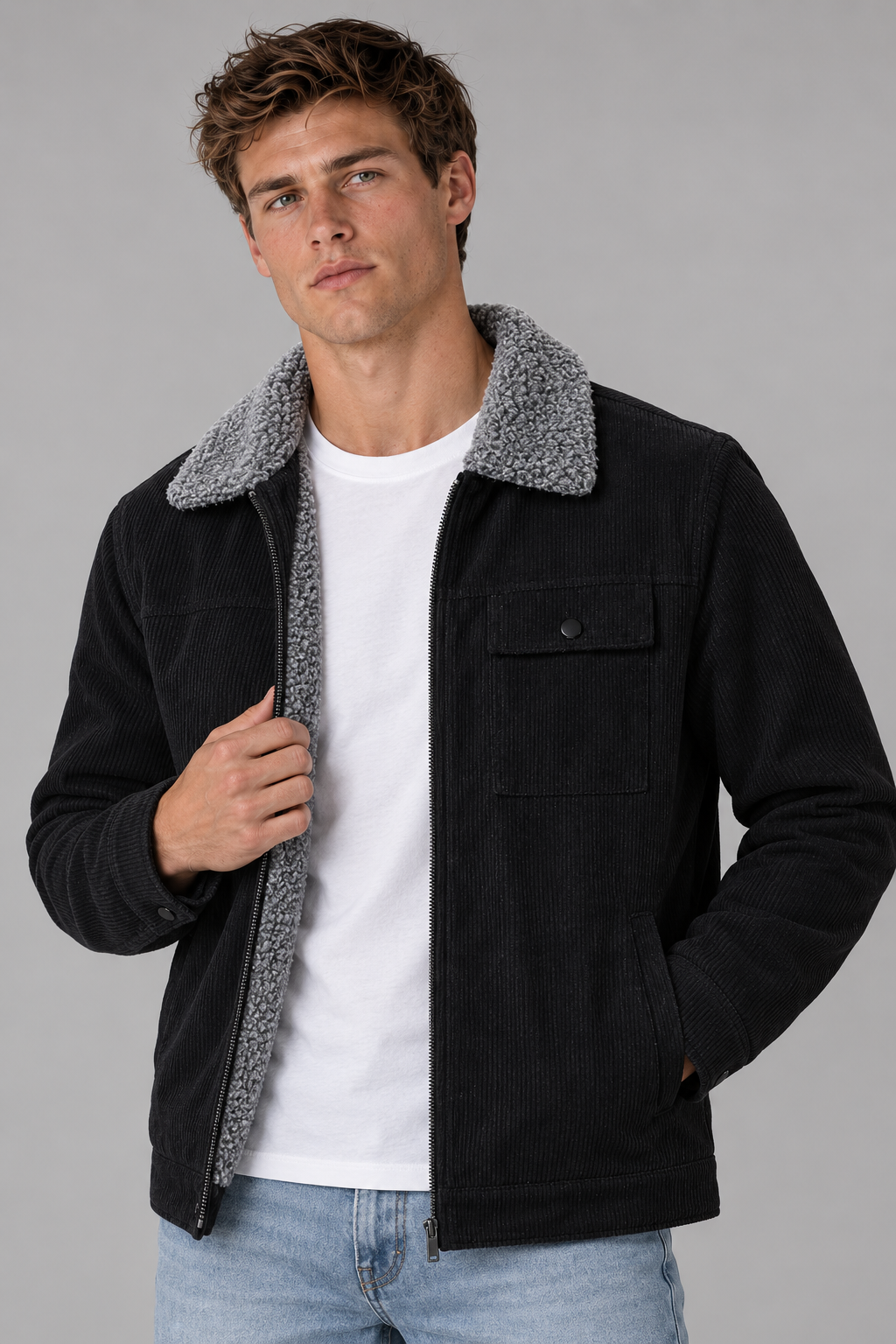 Color: Black | Gefütterte Herren Cordjacke mit Teddyfleece – Ansicht 3