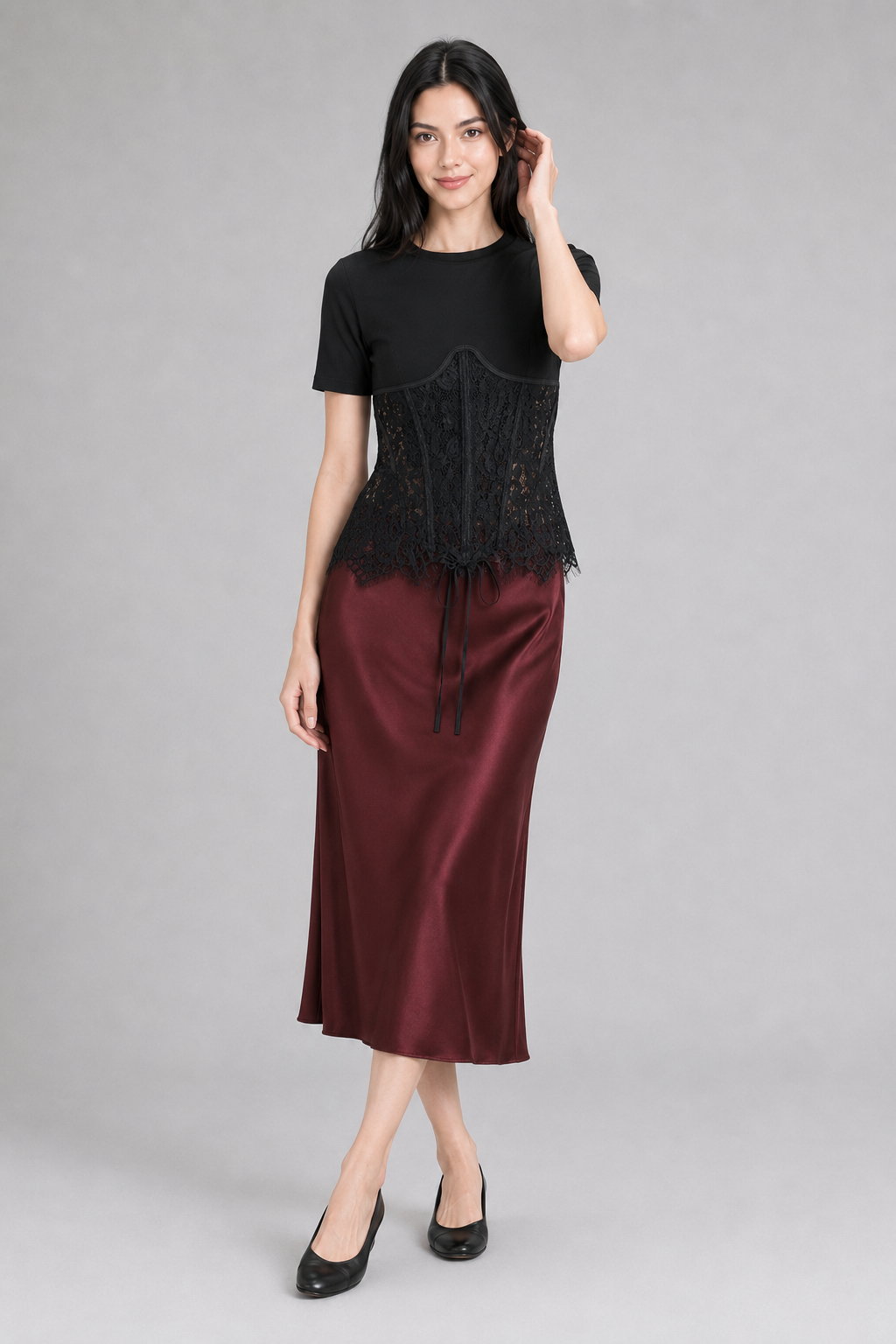 Color: Black | T-Shirt mit tailliertem Spitzen-Corsagen-Detail, photo 4