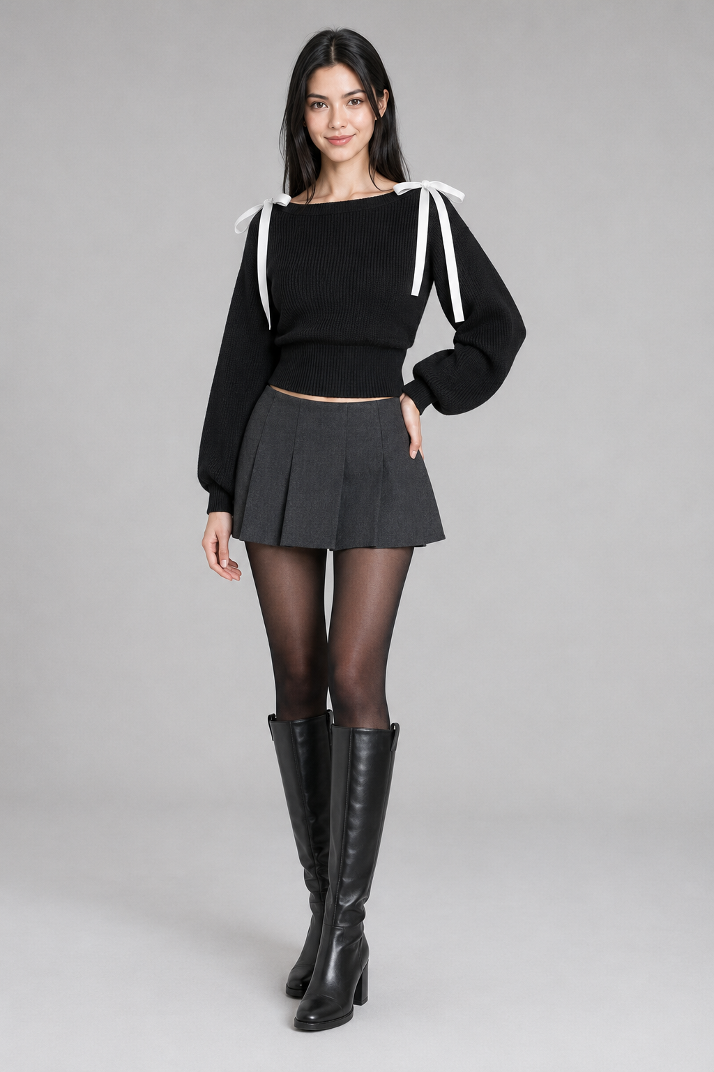Color: Black | Cropped Strickpullover mit Schleifendetails, photo 3