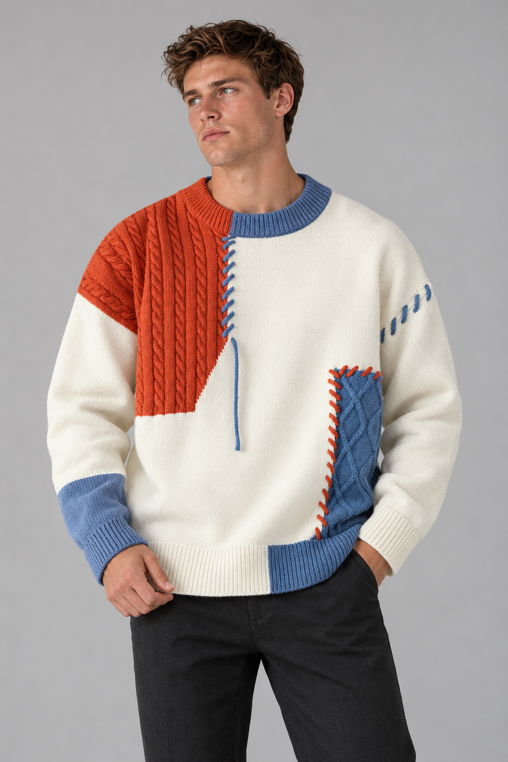 Color: Blue accent | Oversize Strickpullover mit Patchwork- und Zopfmuster – Ansicht 3