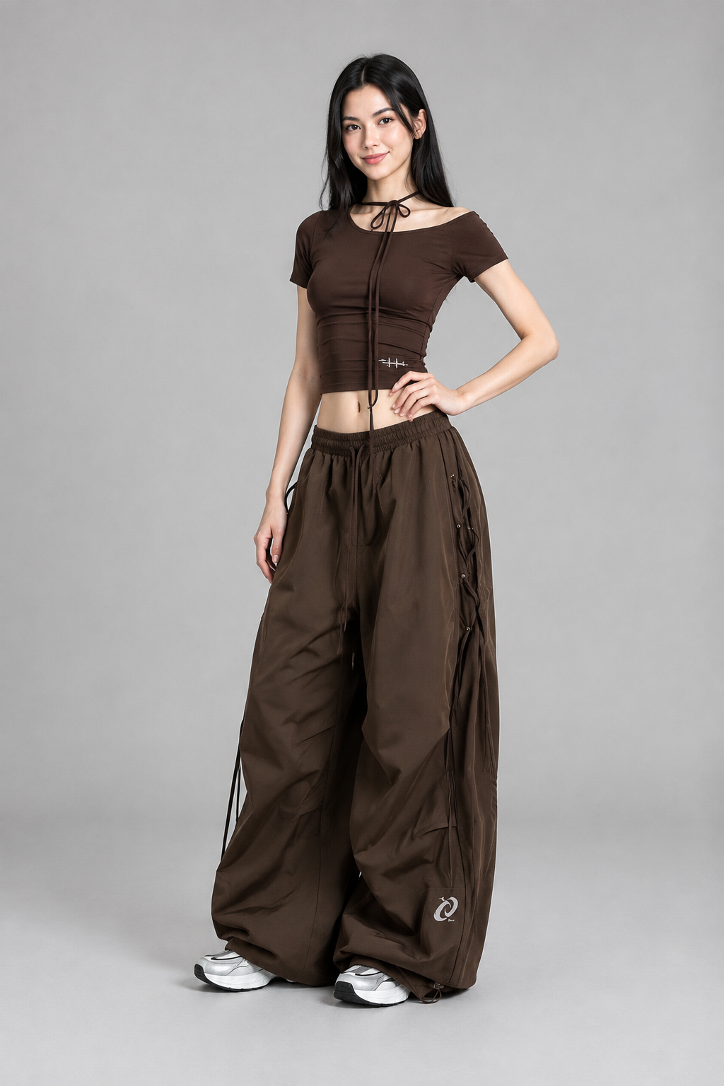 Color: Braun | Damen Wide-Leg Parachute-Hose mit Schnürdetails, photo 6
