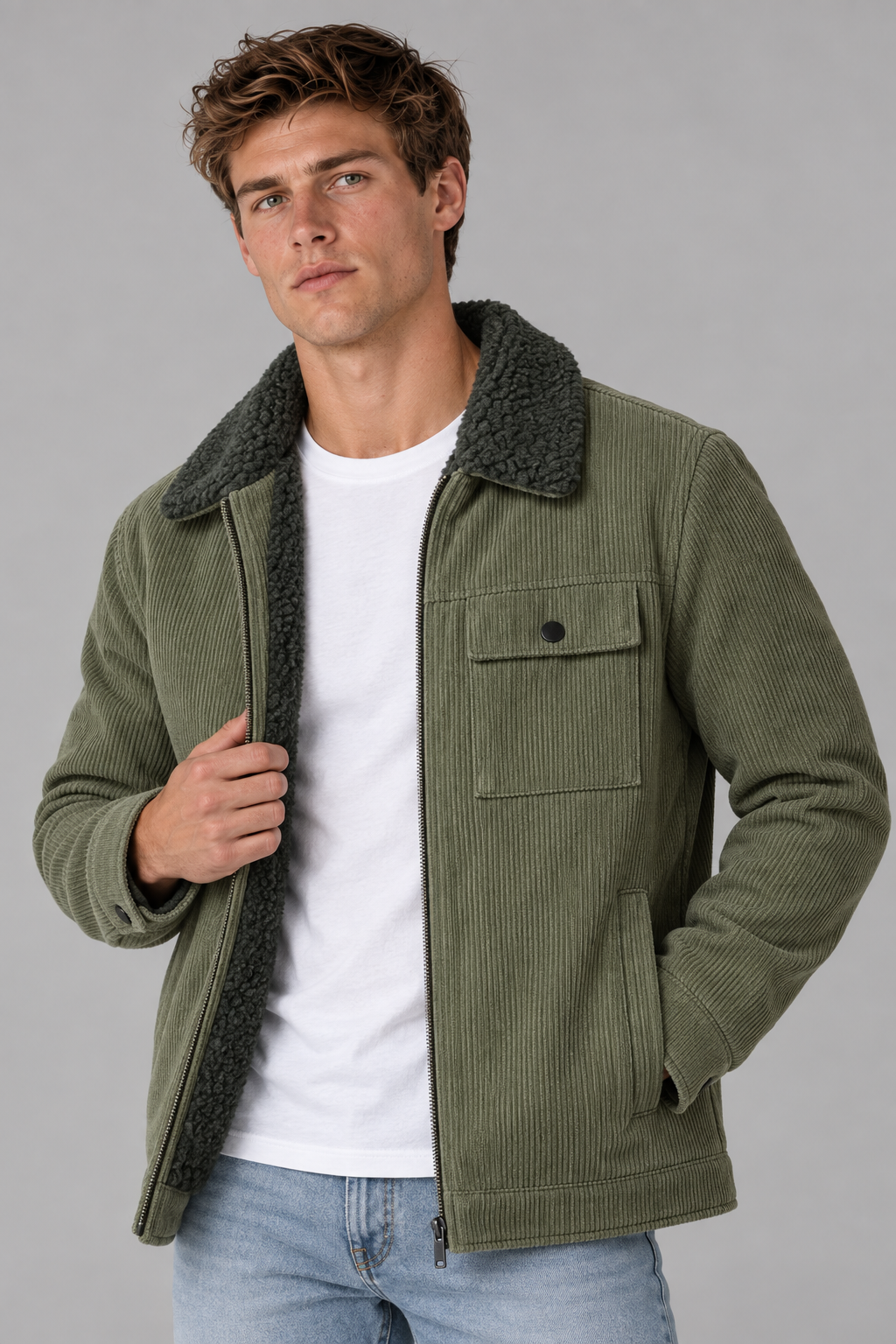Color: Military Green | Gefütterte Herren Cordjacke mit Teddyfleece – Ansicht 1