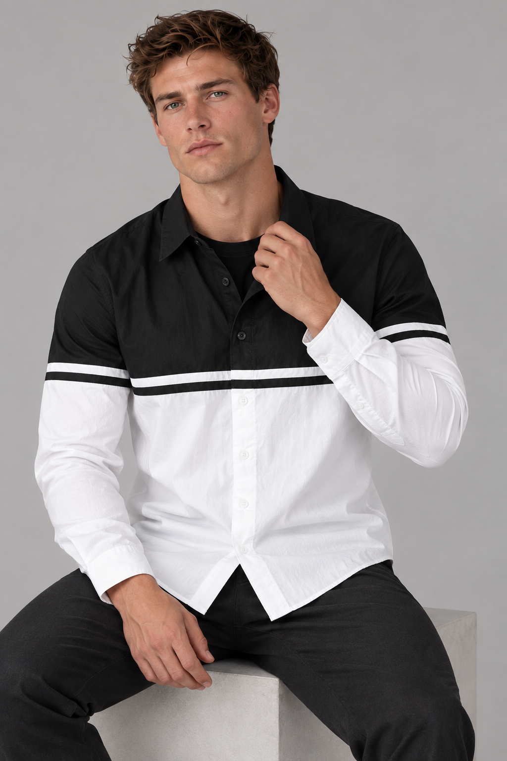 Herren Colorblock-Hemd aus 100 % Baumwolle