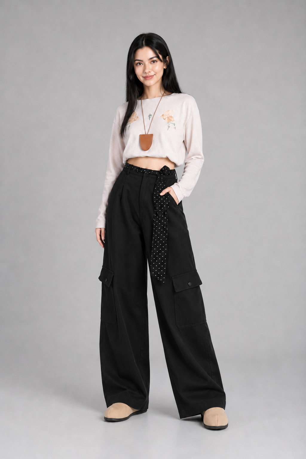 Color: Black | Damen High-Waist Wide-Leg Cargo-Hose, photo 2