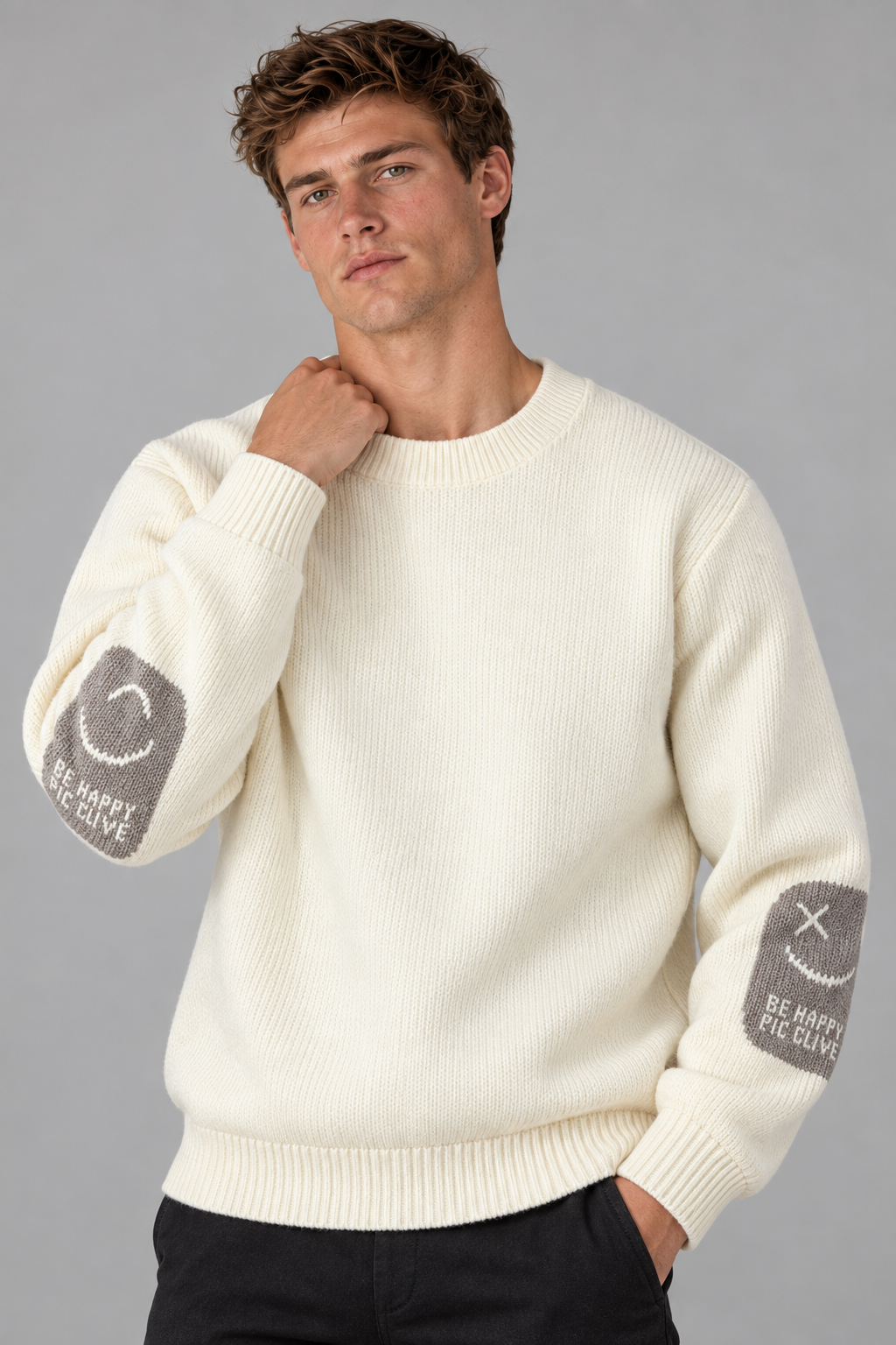 Color: Off-White / Cremeweiß | Gefütterter Herren Strickpullover mit Smiley-Details – Ansicht 3