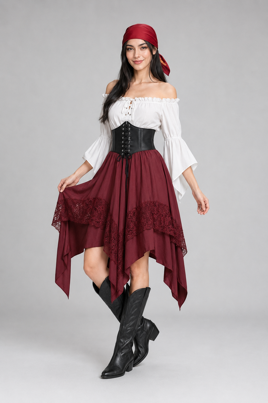 Color: Bordeauxrot | Dreiteiliges Renaissance-Kostüm mit asymmetrischem Rock, photo 9