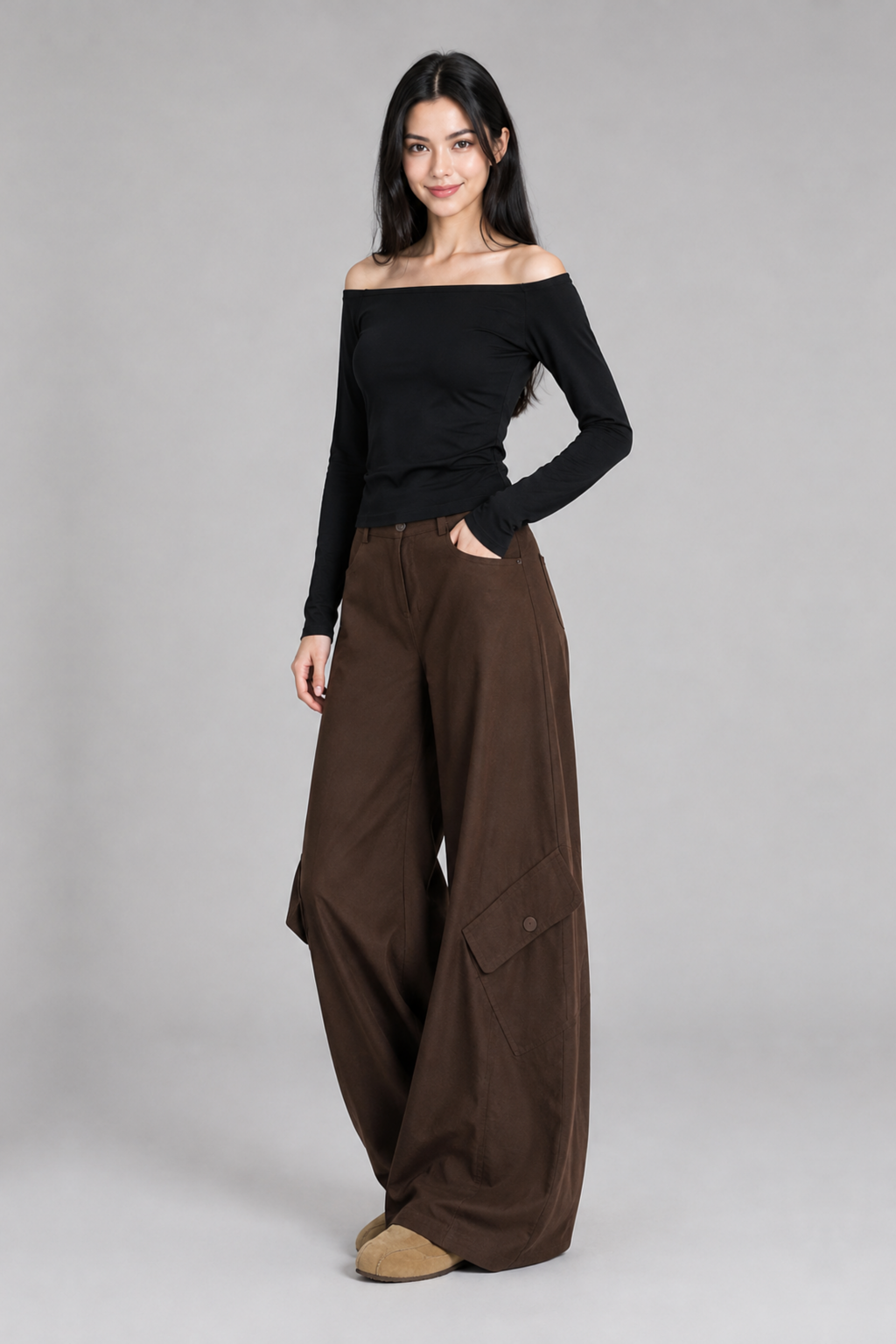 Color: Braun | Damen High-Waist Wide-Leg Cargo-Hose, photo 3