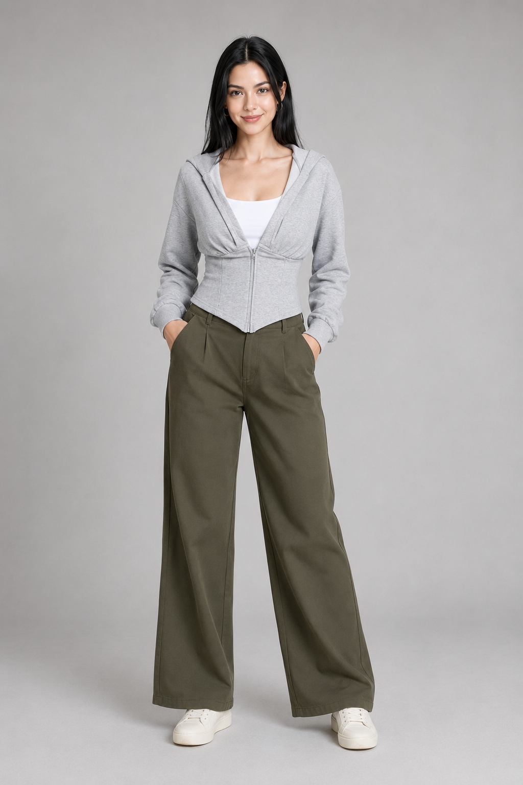 Color: Light Gray | Graue Corsagen-Sweatjacke mit Kapuze, photo 2