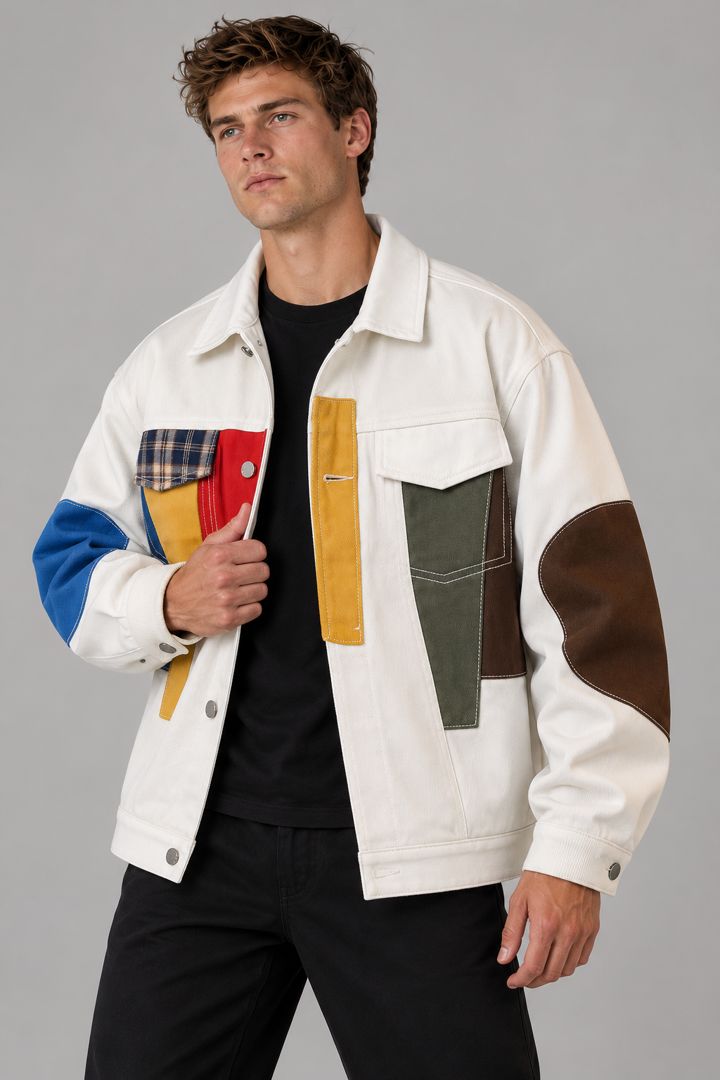 Oversize Jeansjacke mit Patchwork-Details