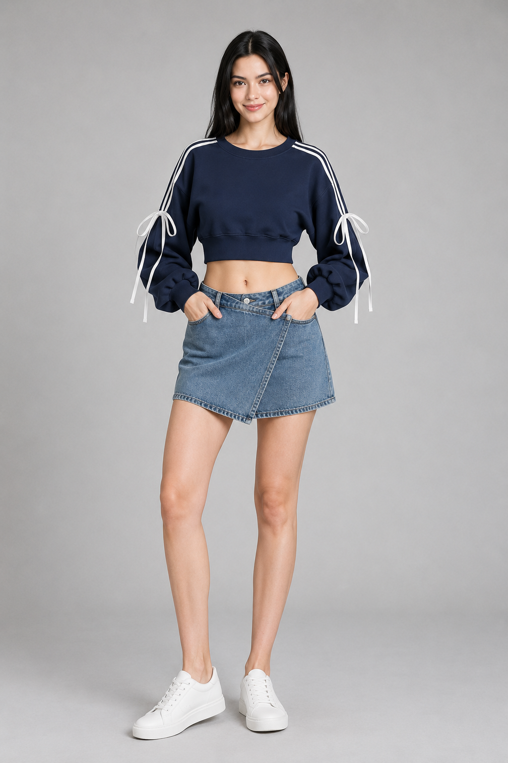 Color: Navy Blue | Kurzes Sweatshirt mit Schleifen & Kontraststreifen, photo 8