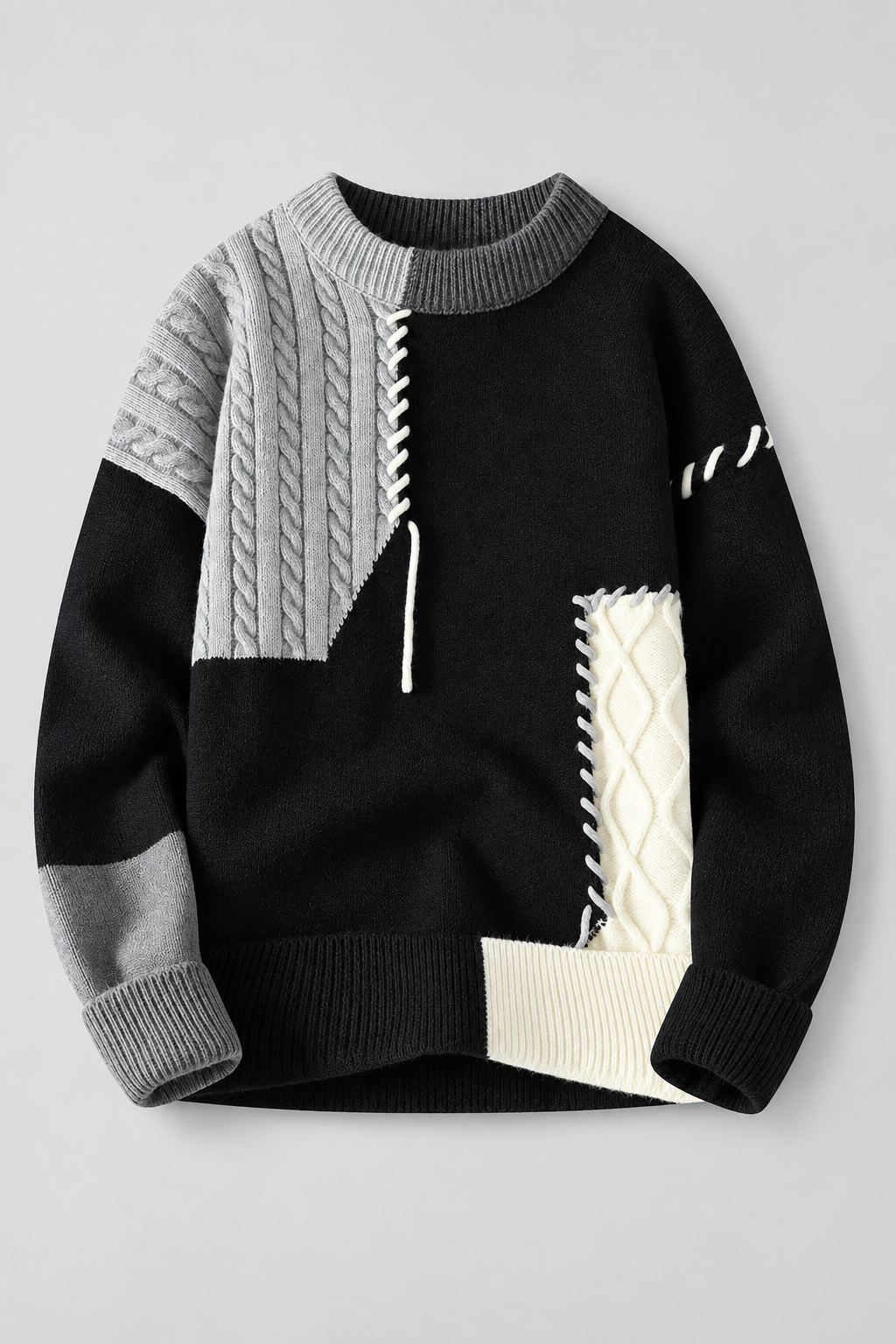 Color: Black | Oversize Strickpullover mit Patchwork- und Zopfmuster – Ansicht 2