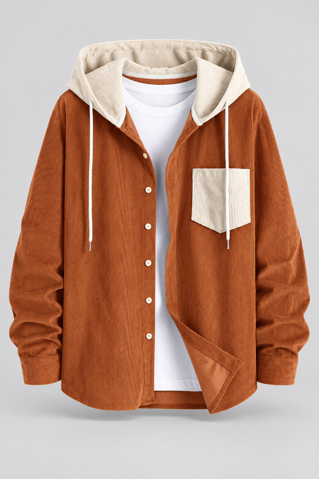 Color: Caramel | Cordjacke mit Kapuze und Kontrastdetails – Ansicht 1