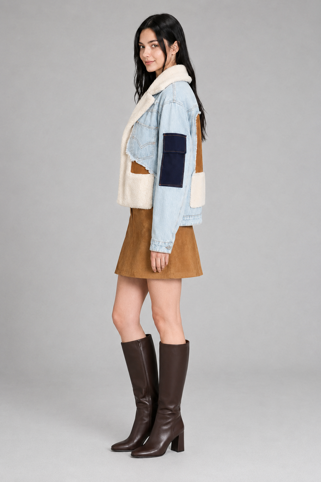 Livia | Patchwork-Jeansjacke mit Teddy-Details