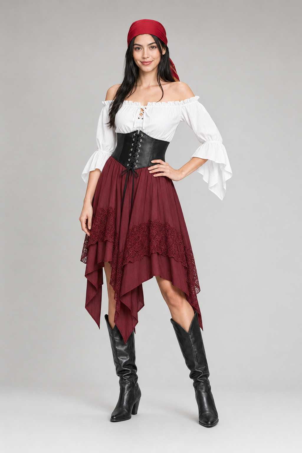 Color: Bordeauxrot | Dreiteiliges Renaissance-Kostüm mit asymmetrischem Rock, photo 7
