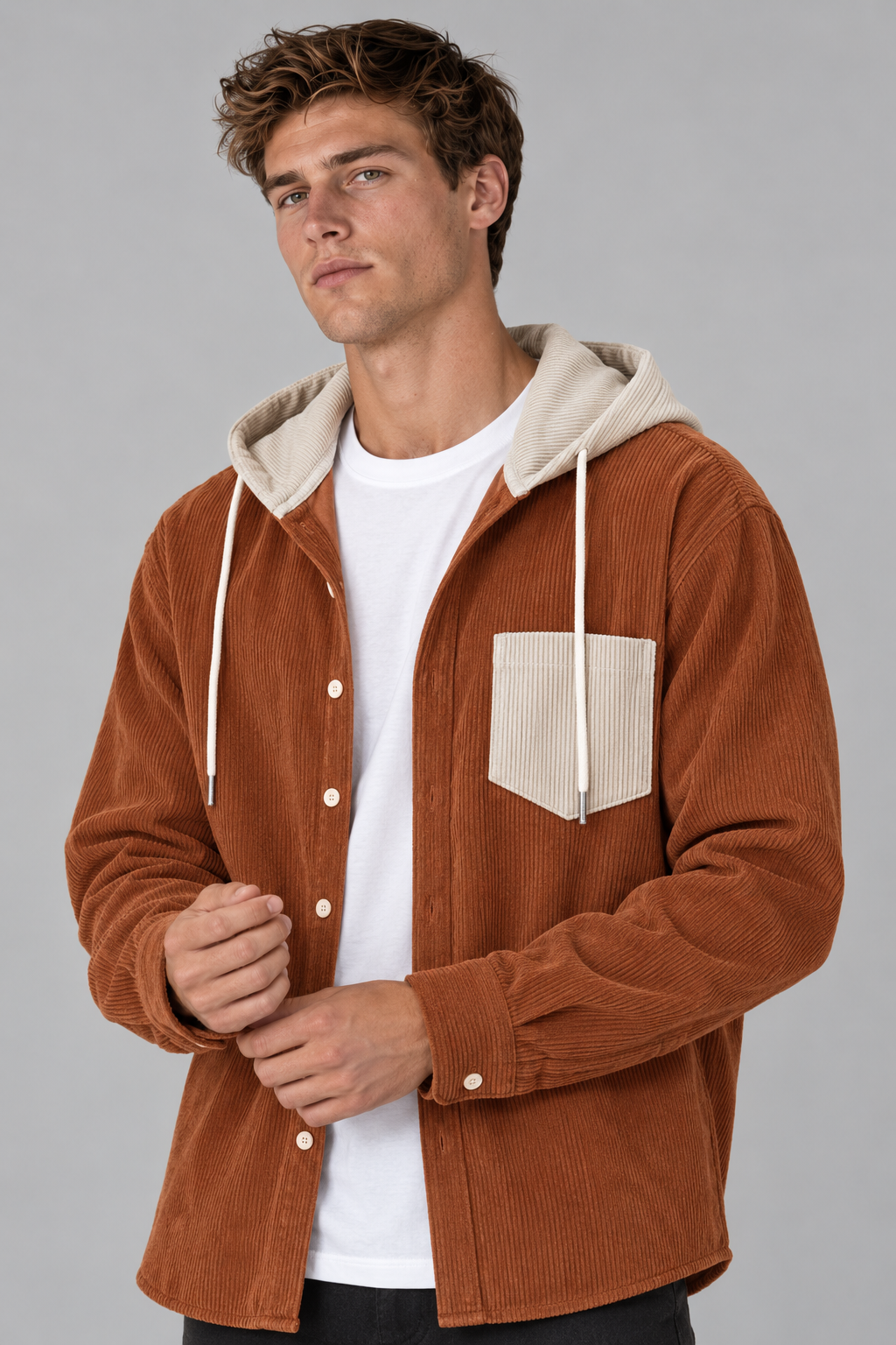 Color: Caramel | Cordjacke mit Kapuze und Kontrastdetails – Ansicht 2