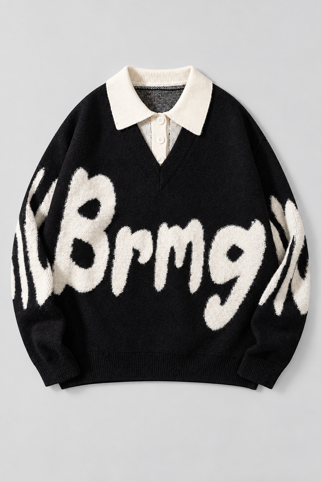 Color: Black | Oversize Strickpullover mit Polokragen und Statement-Schriftzug – Ansicht 2