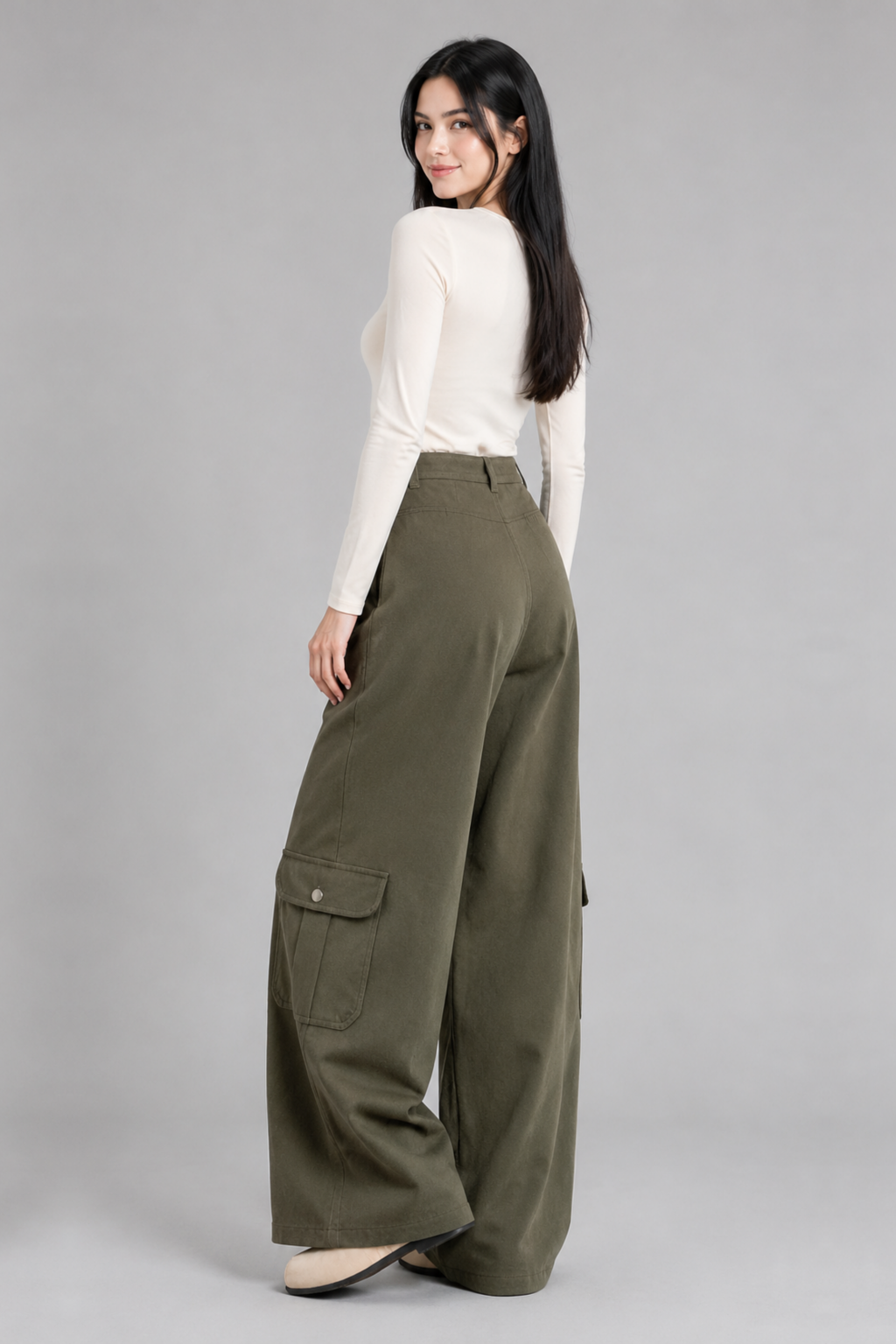 Color: Green | Damen High-Waist Wide-Leg Cargo-Hose, photo 6